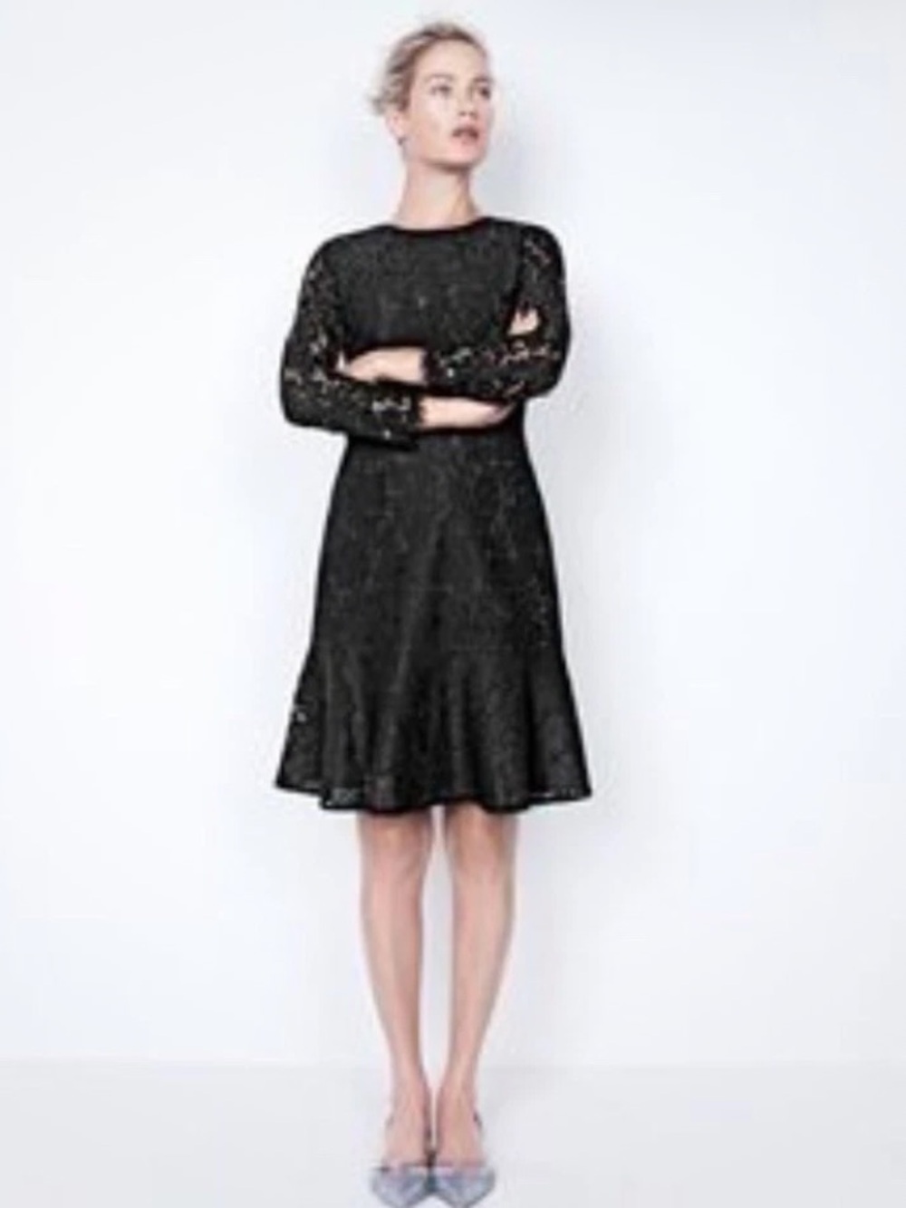 J. Crew Black Lace Long-Sleeve Fit & Flare Dress